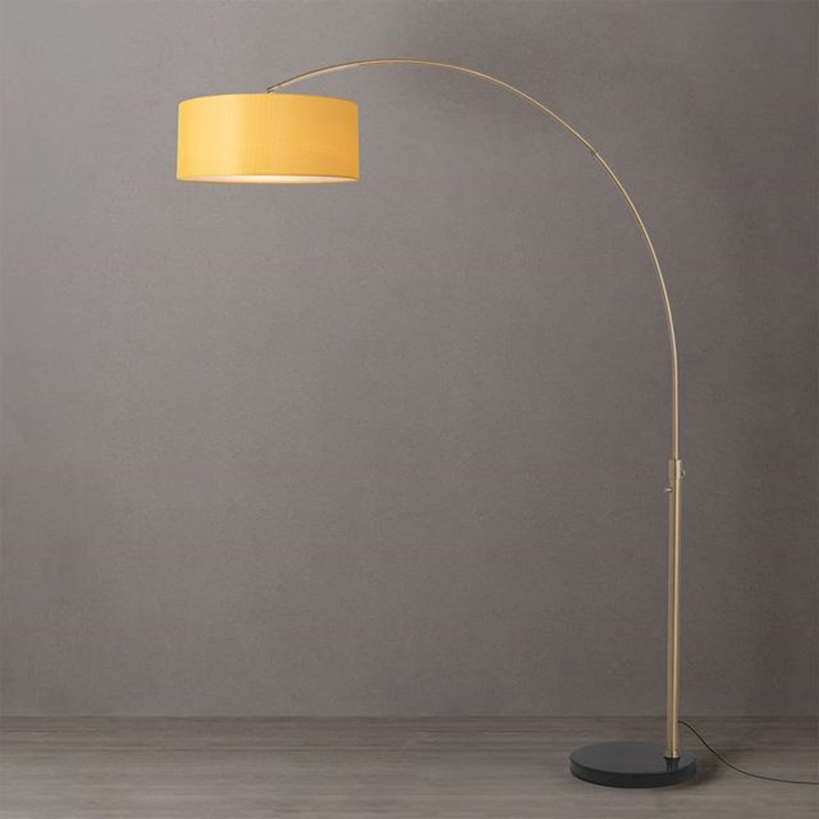 Nova California Float 92in 1-Light Arc Lamp | Modern Weathered Brass and Mustard Linen Shade | Living Room & Bedroom | 1500 Lumens | Model 2110818MU