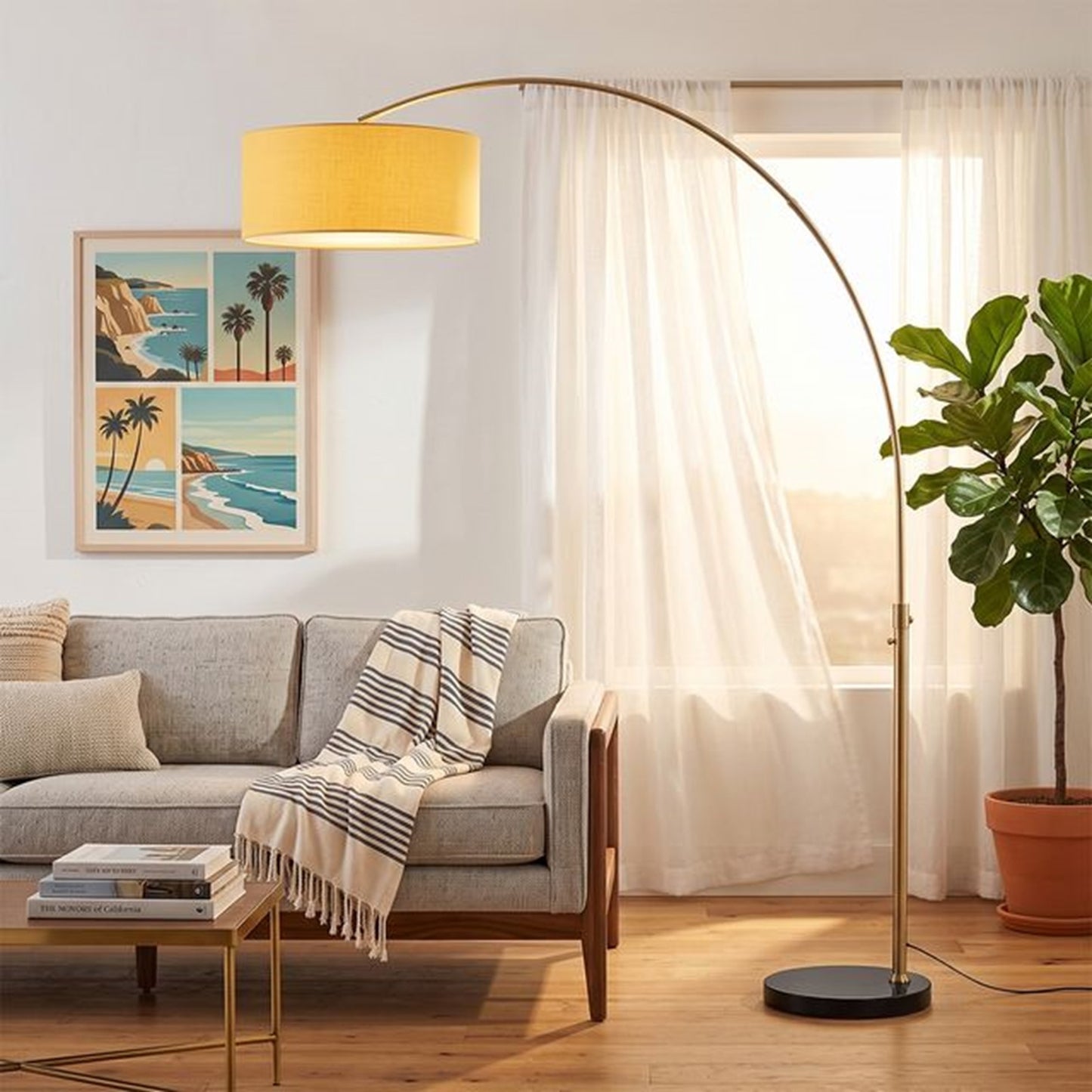 Nova California Float 92in 1-Light Arc Lamp | Modern Weathered Brass and Mustard Linen Shade | Living Room & Bedroom | 1500 Lumens | Model 2110818MU