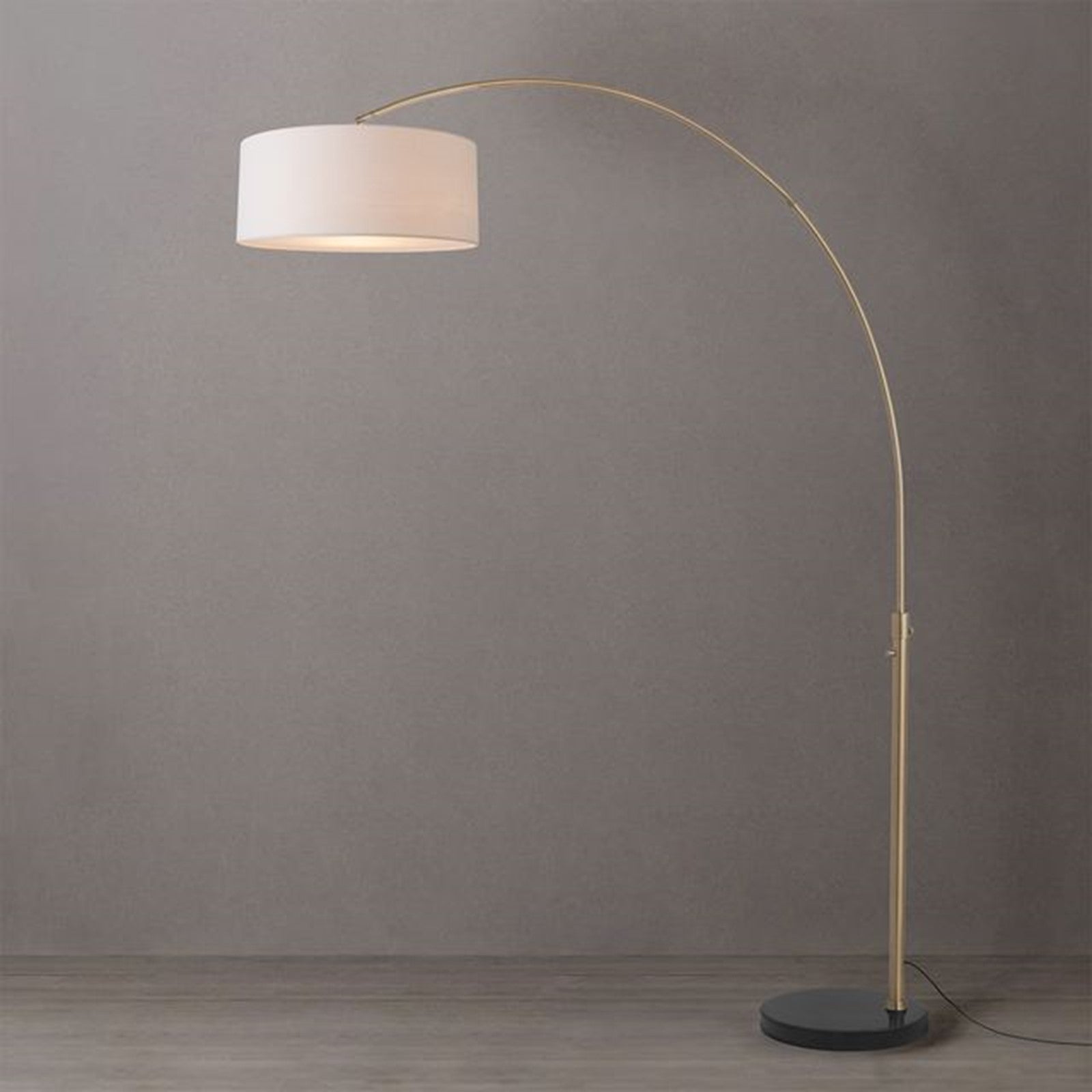 Nova California Float 92in 1-Light Arc Floor Lamp | Modern Weathered Brass and Black Marble with White Linen Drum Shade | Living | Model 2110818WH