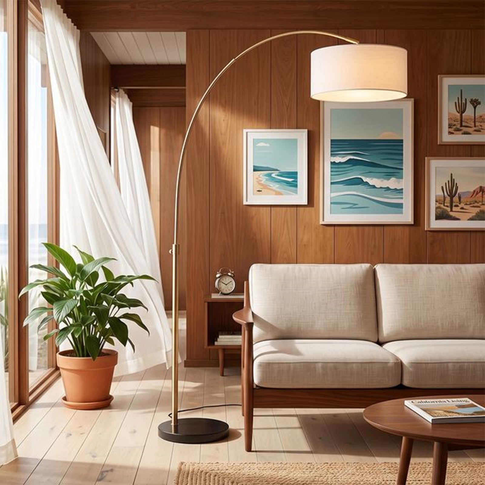 Nova California Float 92in 1-Light Arc Floor Lamp | Modern Weathered Brass and Black Marble with White Linen Drum Shade | Living | Model 2110818WH