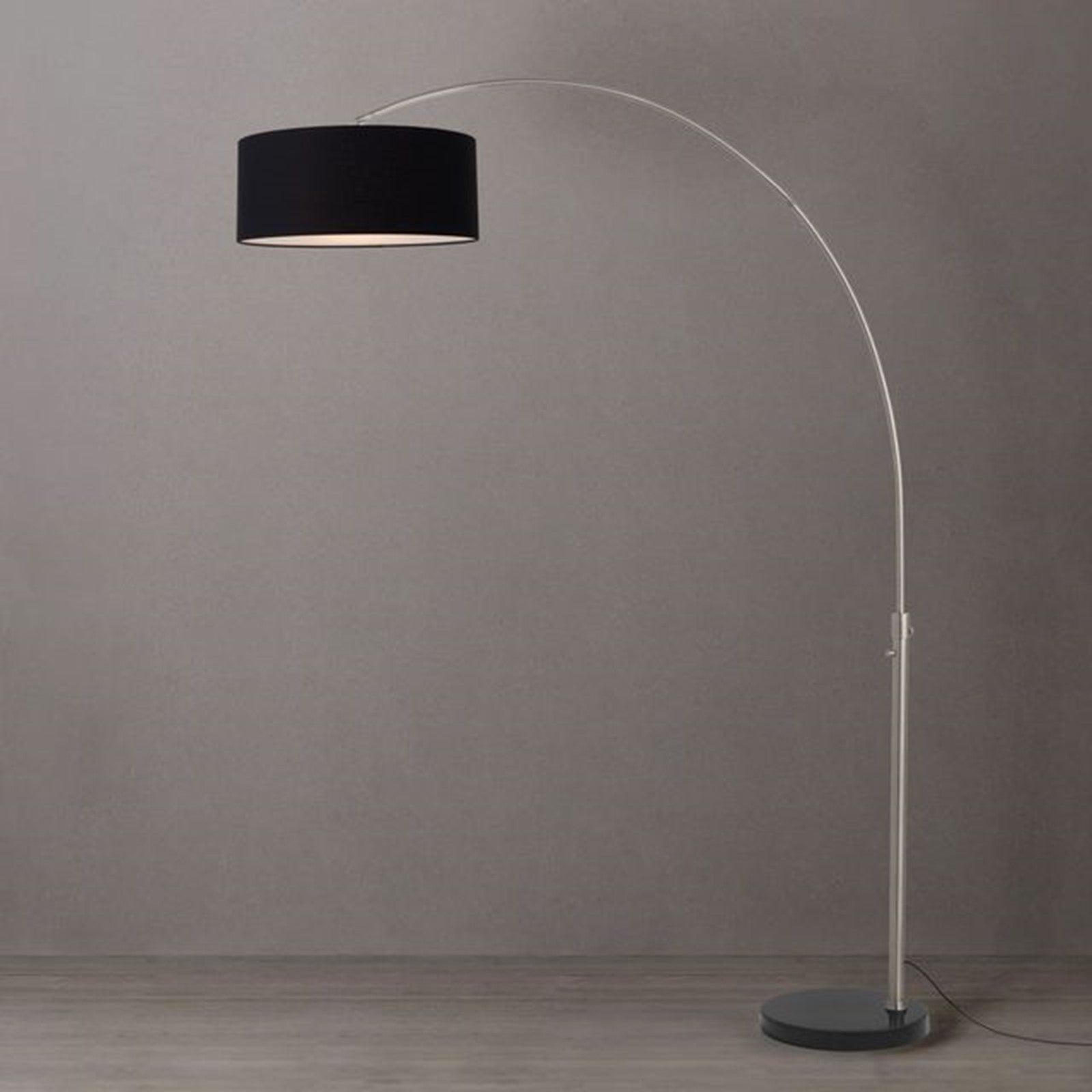Nova California Float 92in 1-Light Arc Lamp | Modern Satin Nickel Steel and Black Linen Shade | Living Room & Reading Area | Model 2110819BK
