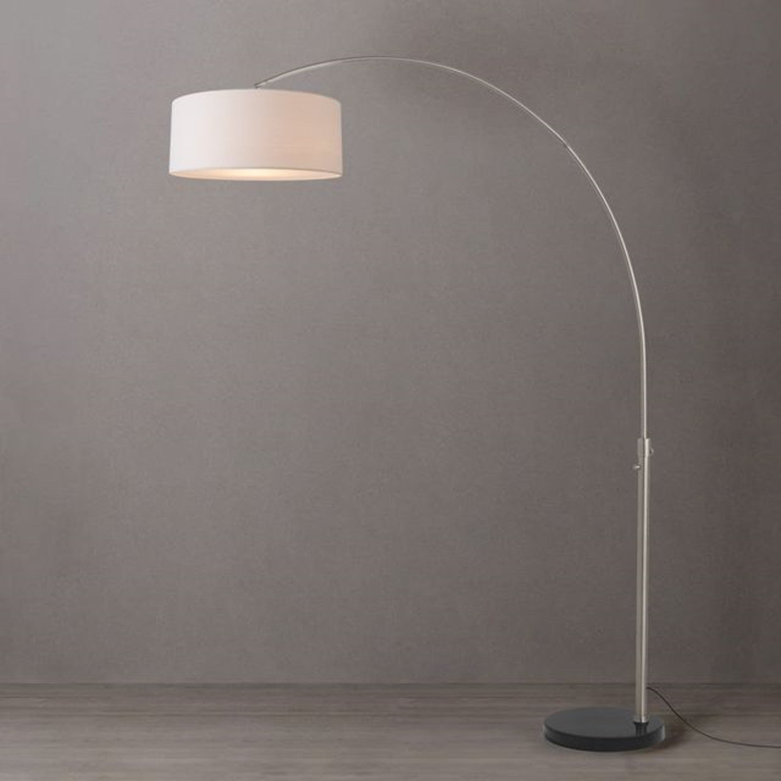 Nova California Float 92in 1-Light Arc Lamp | Satin Nickel and White Linen Shade | Living Room & Bedroom | 1500 Lumens, 2700K | Model 2110819WH