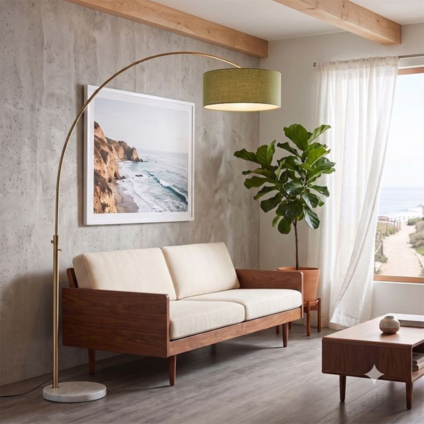 Nova California Float 92in 1-Light Arc Lamp | Industrial Weathered Brass and Avocado Linen | Living Room & Reading | 68 x 18 x 92 in | Model 2110821AV