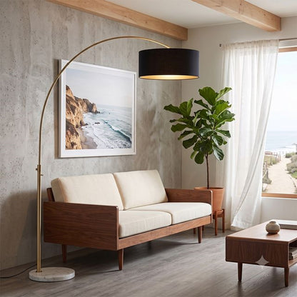 Nova California Float 92in 1-Light Arc Lamp | Modern Weathered Brass and Cashmere Gray Linen Shade | Living Room & Reading | Model 2110821BK