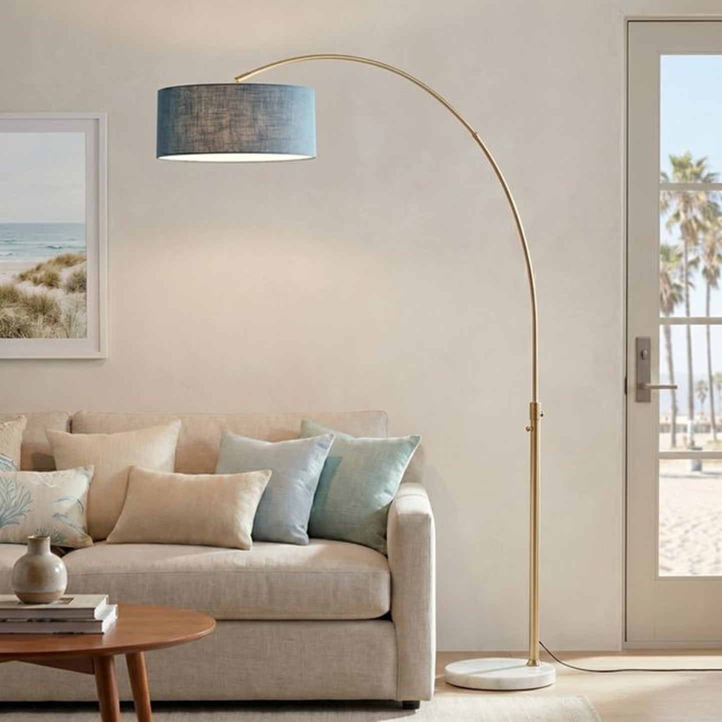 Nova California Float 92in 1-Light Arc Lamp | Industrial Weathered Brass and Crimson Red Linen | Living Room & Reading | Model 2110821BL