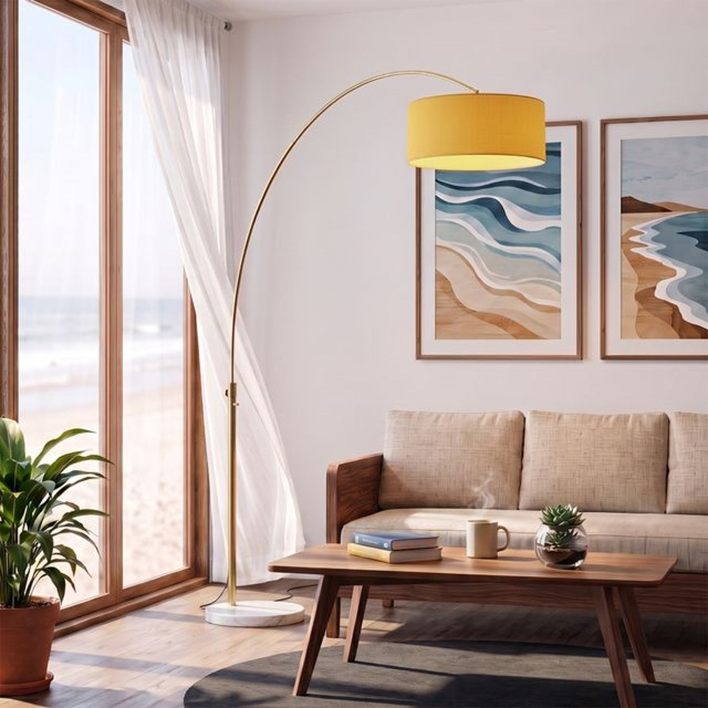 Nova California Float 92in 1-Light Arc Lamp | Industrial Weathered Brass and Mustard Linen | Living Room & Reading | 68 x 18 x 92 in | Model 2110821MU