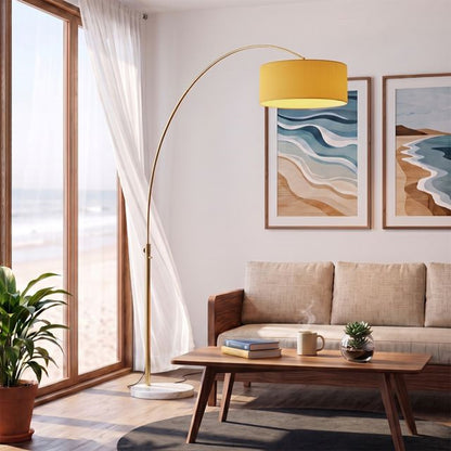 Nova California Float 92in 1-Light Arc Lamp | Industrial Weathered Brass and Mustard Linen | Living Room & Reading | 68 x 18 x 92 in | Model 2110821MU