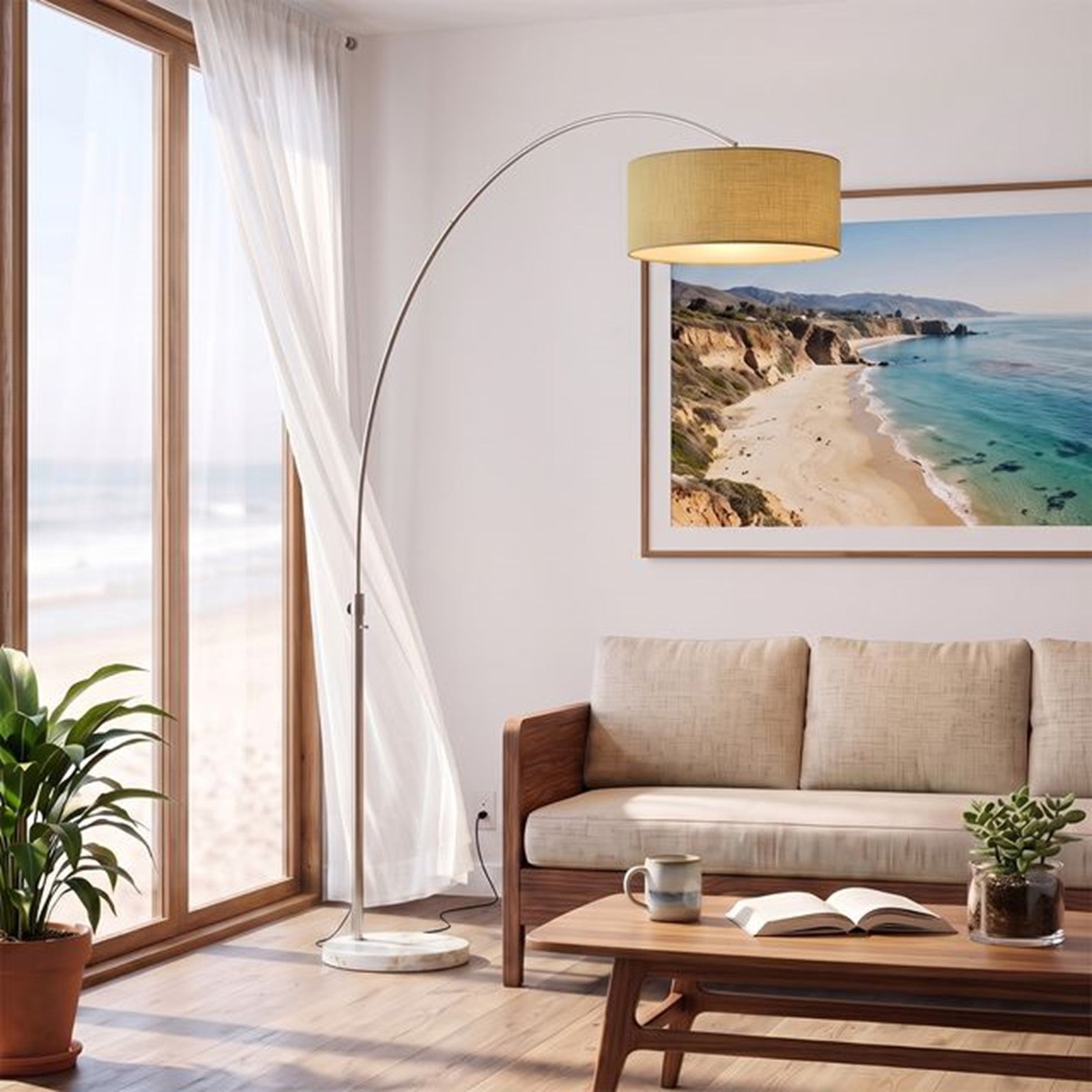 Nova California Float 92in 1-Light Arc Lamp | Satin Nickel and Avocado Linen | Living Room & Home Office | 68 x 18 x 92 in | Model 2110822AV