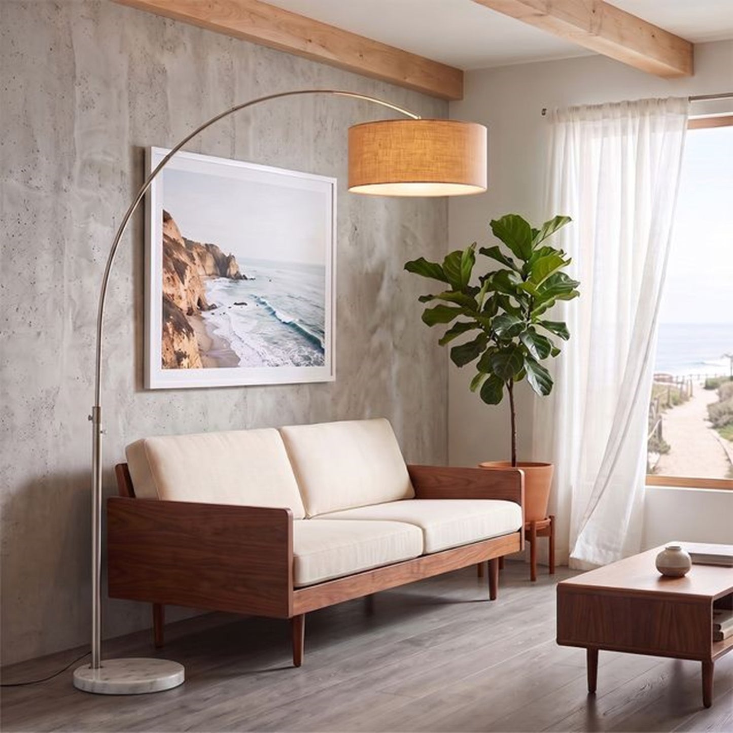 Nova California Float 92in 1-Light Arc Lamp | Satin Nickel and Burlap Linen | Living Room & Home Office | 68 x 18 x 92 in | Model 2110822BU