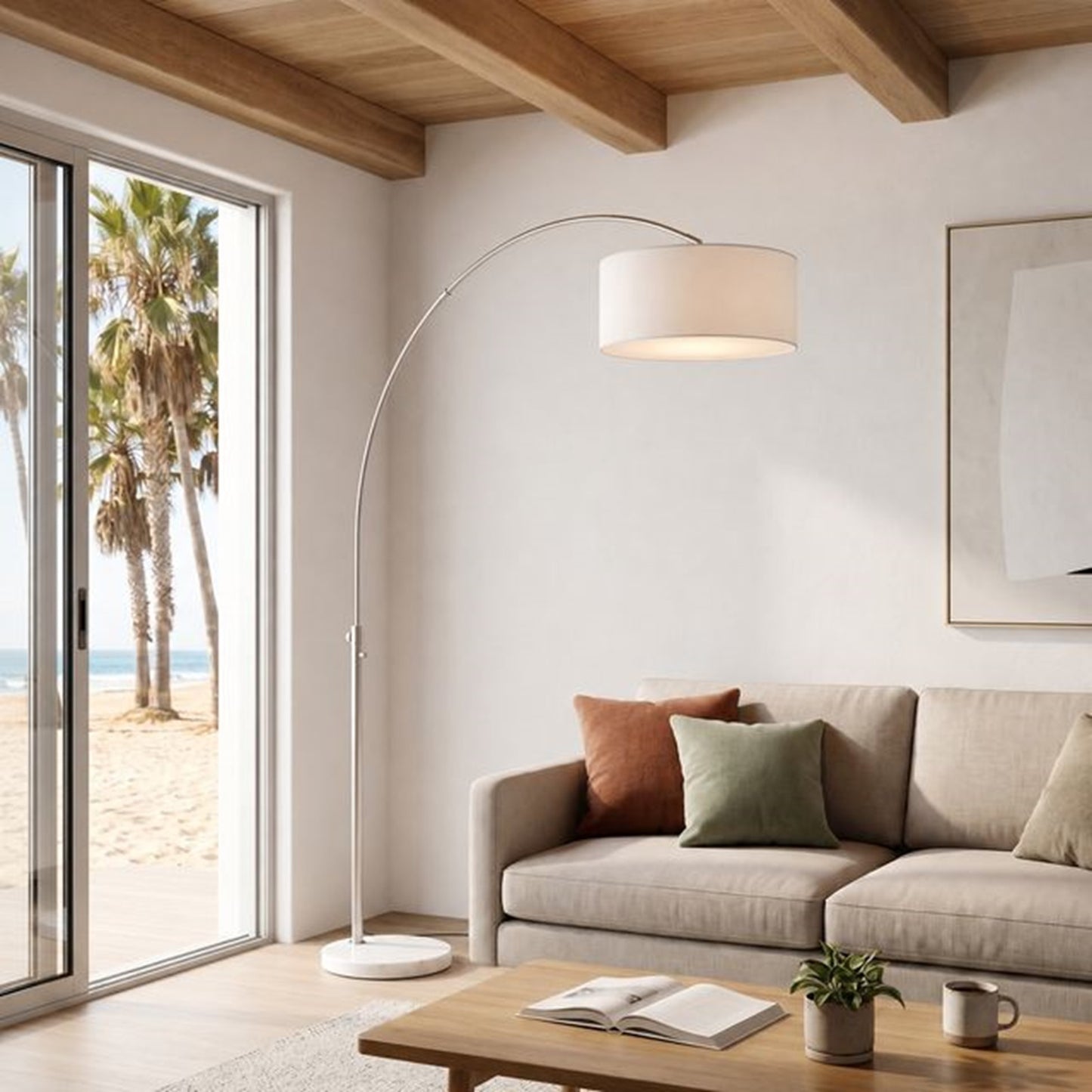 Nova California Float 92in 1-Light Arc Lamp | Modern Satin Nickel and White Linen Shade | Living Room & Reading Nook | Model 2110822WH