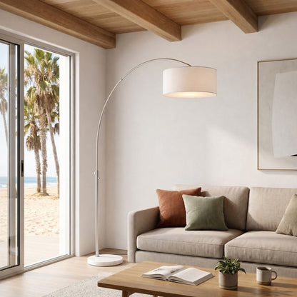Nova California Float 92in 1-Light Arc Lamp | Modern Satin Nickel and White Linen Shade | Living Room & Reading Nook | Model 2110822WH