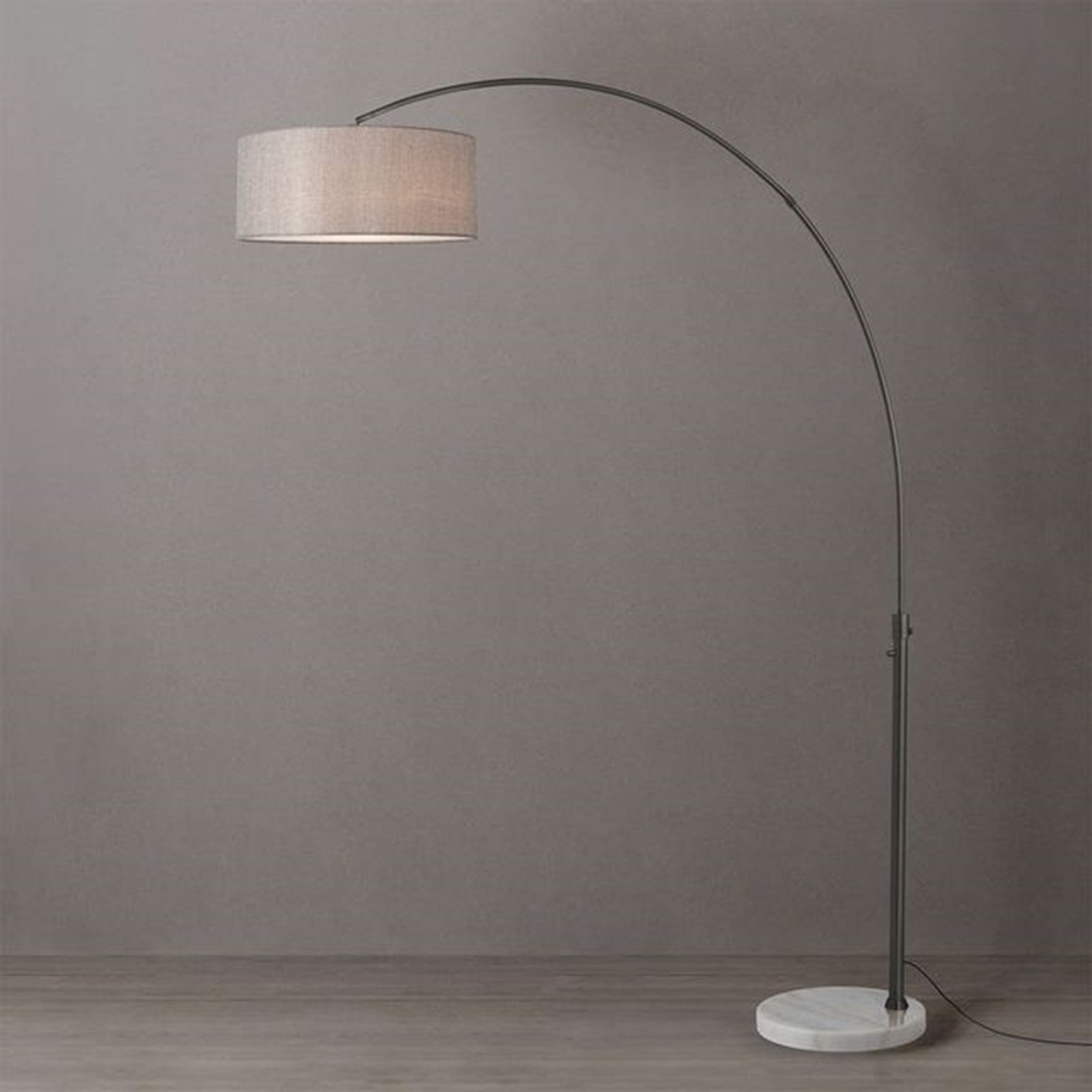 Nova California Float 92in 1-Light Arc Lamp | Modern Black Nickel and Cashmere Gray Linen Shade | Living Room & Bedroom | Model 2110823CG