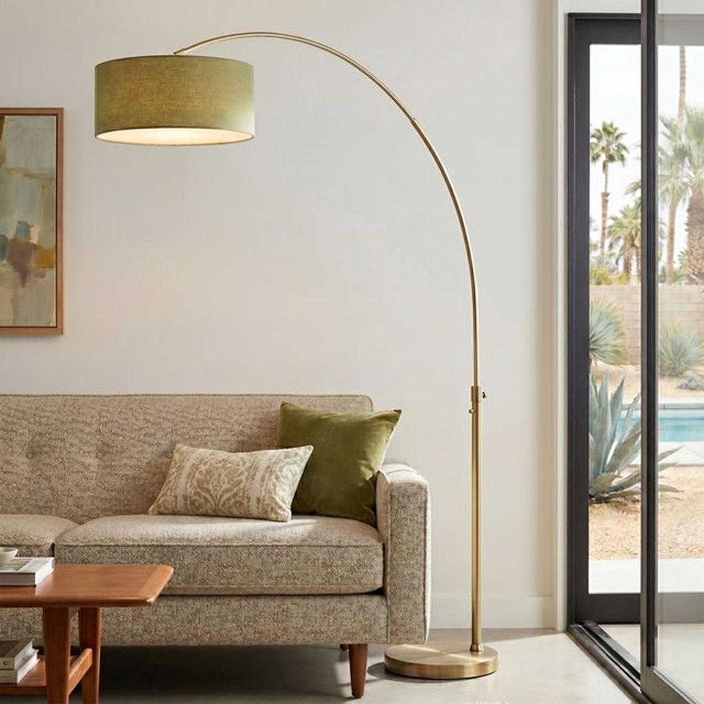 Nova California Float 92in 1-Light Arc Lamp | Industrial Weathered Brass and Avocado Linen | Living Room & Bedroom | 68 x 18 x 92 in | Model 2110824AV