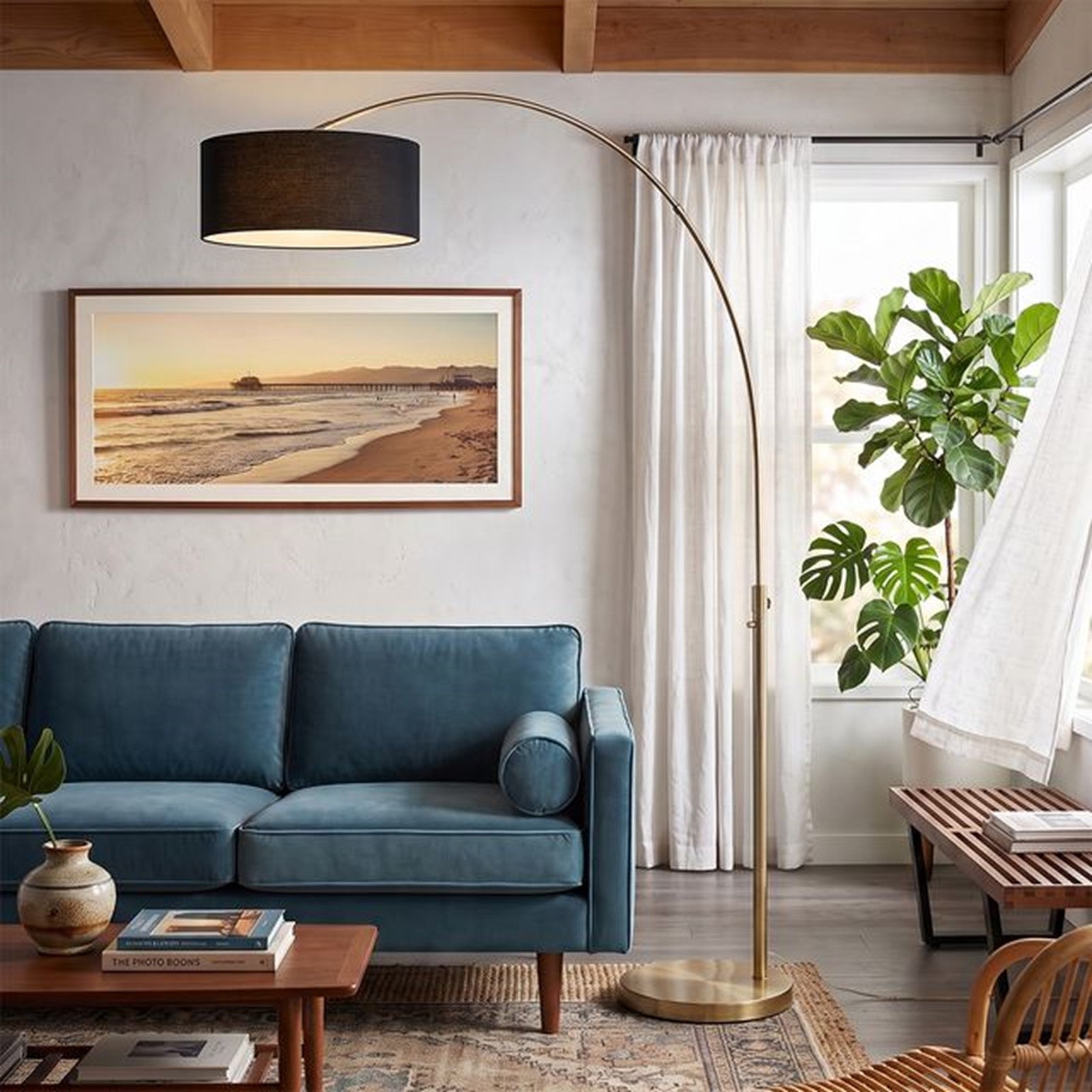 Nova California Float 92in 1-Light Arc Lamp | Modern Black Linen Shade and Weathered Brass Steel Body | Living Room & Bedroom | Model 2110824BK