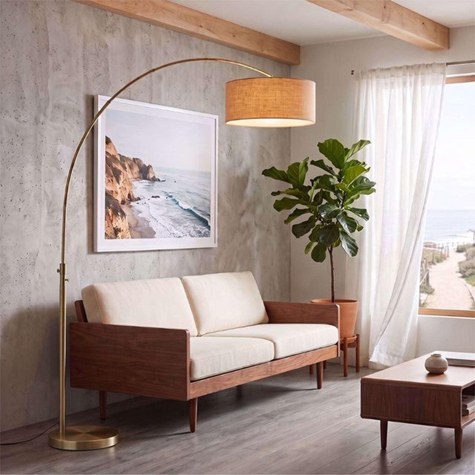 Nova California Float 92in 1-Light Arc Lamp | Modern Weathered Brass and Natural Burlap Linen Shade | Living Room & Bedroom | Model 2110824BU