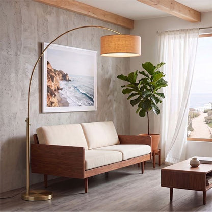 Nova California Float 92in 1-Light Arc Lamp | Modern Weathered Brass and Natural Burlap Linen Shade | Living Room & Bedroom | Model 2110824BU