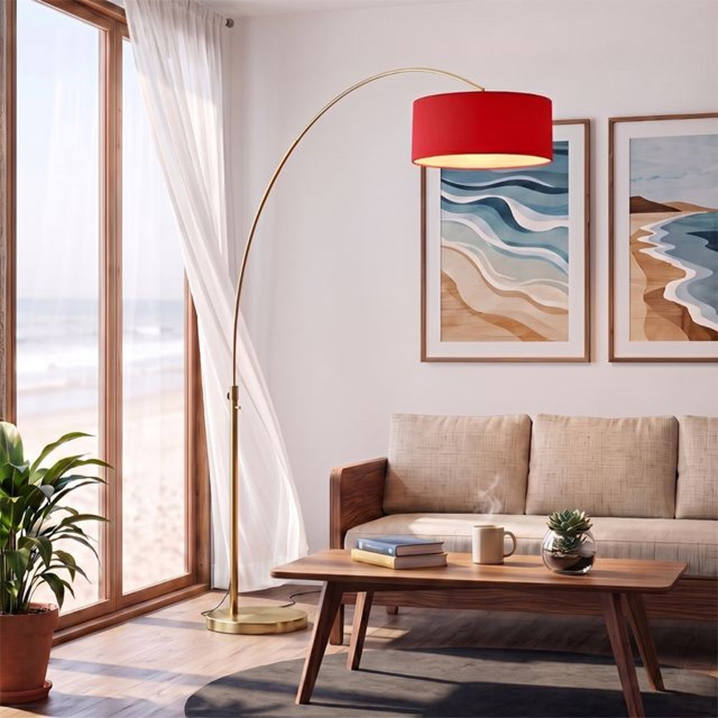 Nova California Float 92in 1-Light Arc Lamp | Industrial Weathered Brass and Crimson Red Linen | Living Room & Bedroom | Model 2110824CR