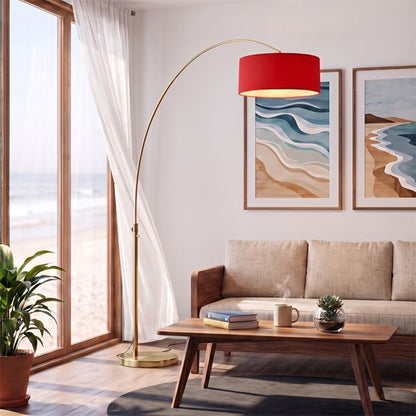 Nova California Float 92in 1-Light Arc Lamp | Industrial Weathered Brass and Crimson Red Linen | Living Room & Bedroom | Model 2110824CR