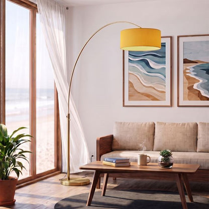 Nova California Float 92in 1-Light Arc Lamp | Industrial Weathered Brass and Mustard Linen | Living Room & Bedroom | 68 x 18 x 92 in | Model 2110824MU