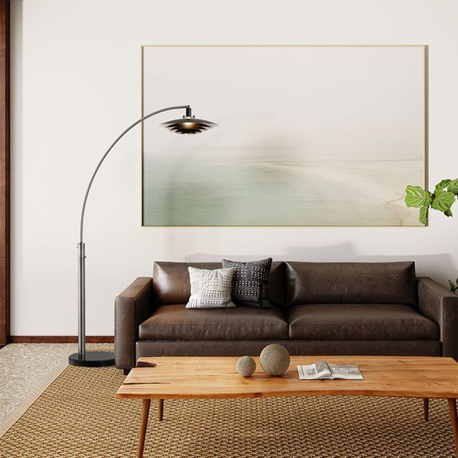 Nova California Rancho Mirage 1-Light Arc Floor Lamp | Mid-Century Antique Nickel and Matte Black Aluminum Shade | Living Room & | Model 2110824SN