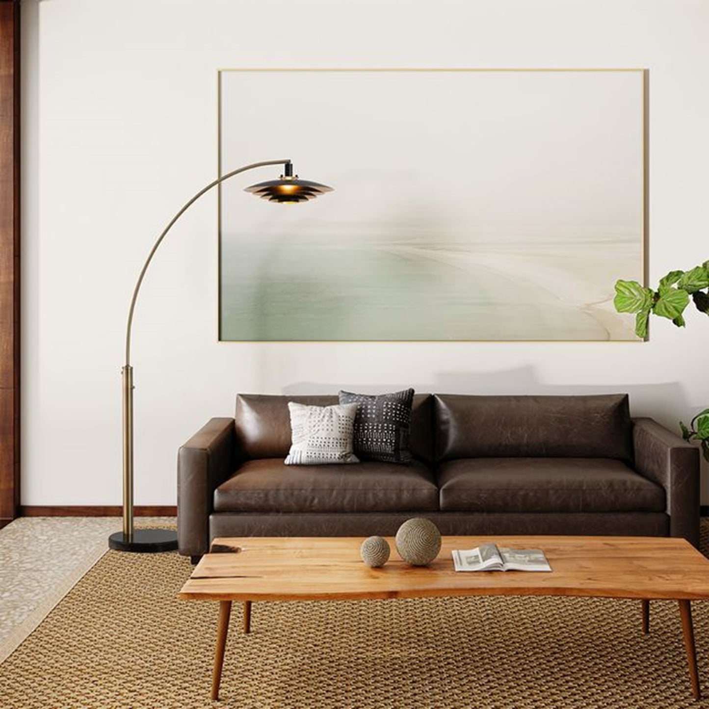 Nova California Rancho Mirage 1-Light Arc Floor Lamp | Mid-Century Weathered Brass and Matte Black Aluminum Shade | Living Room & | Model 2110824WB