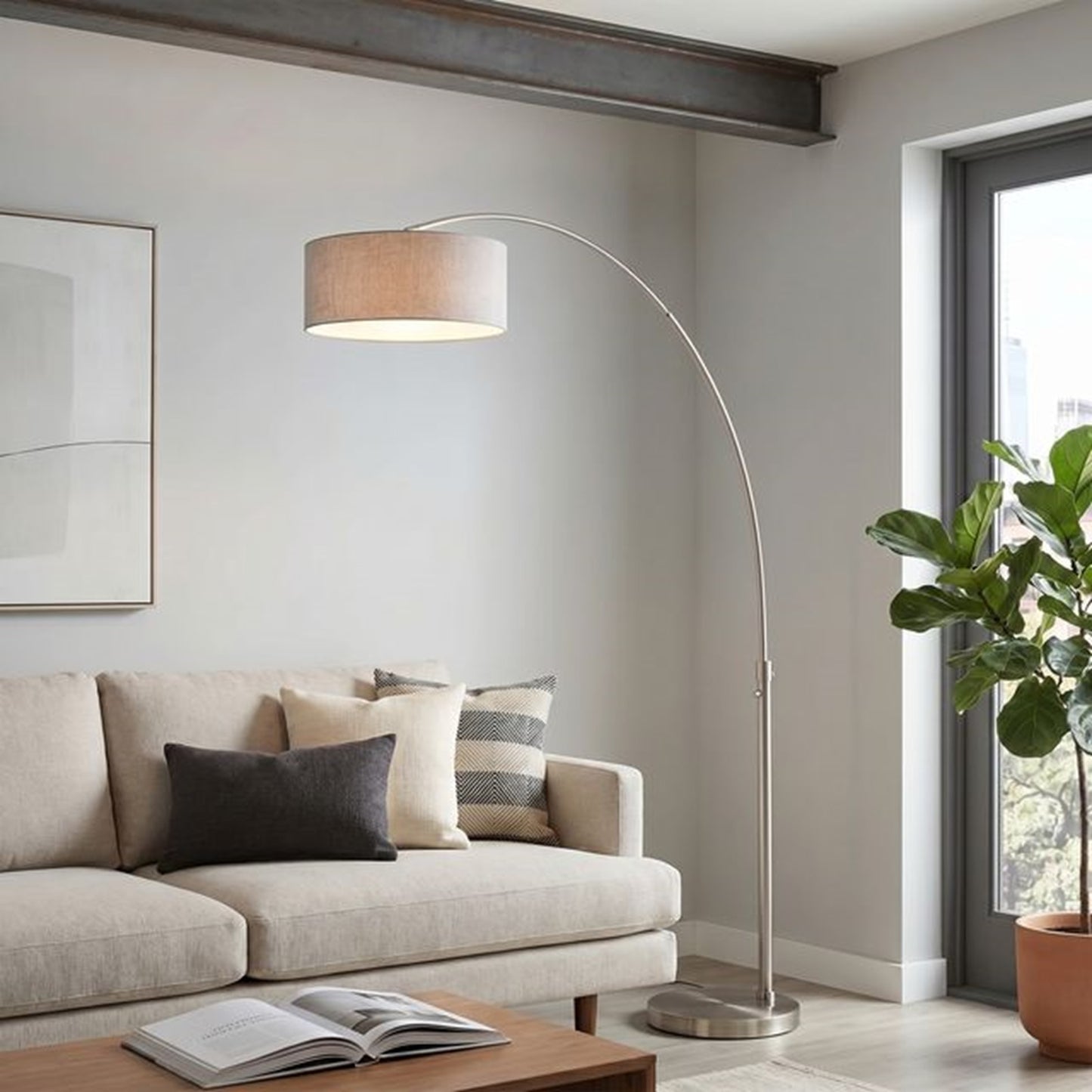 Nova California Float 92in 1-Light Arc Lamp | Satin Nickel and Cashmere Gray Linen | Living Room & Home Office | 68 x 18 x 92 in | Model 2110825CG