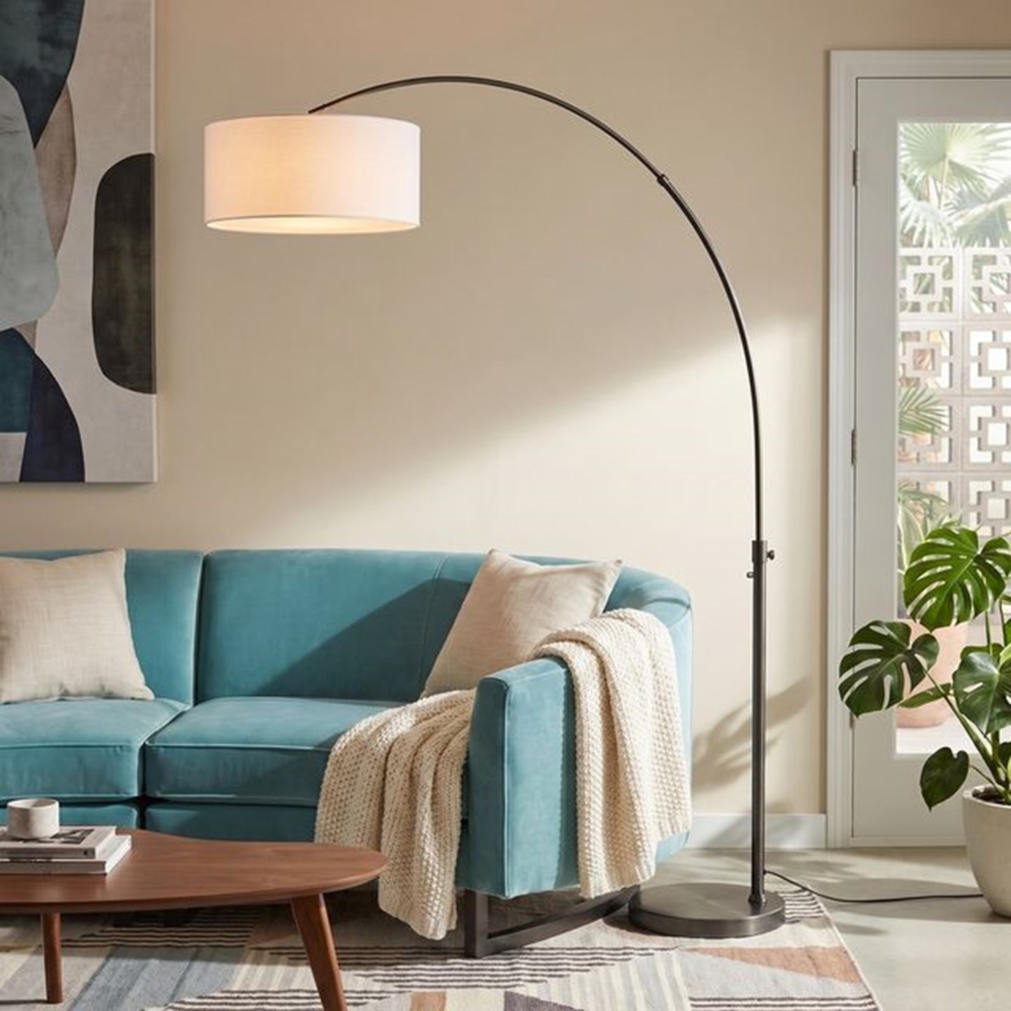 Nova California Float 92in 1-Light Arc Lamp | Modern Black Nickel and White Linen Shade | Living Room & Bedroom | 1500 Lumens 2700K | Model 2110826WH