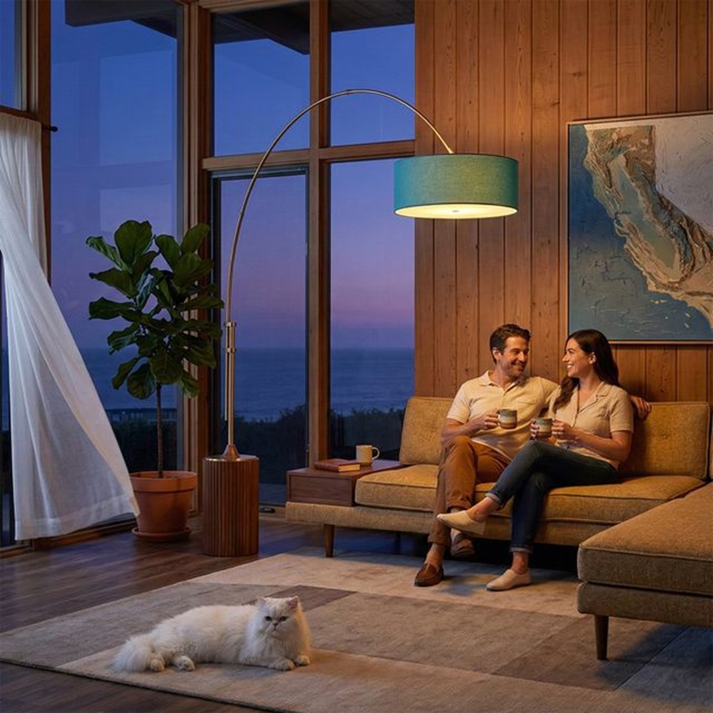 Nova California Tambo Stretch 92in 1-Light Arc Lamp | Mid-Century Modern Weathered Brass and Pool Blue Linen Shade | Living Room & | Model 2110832BL