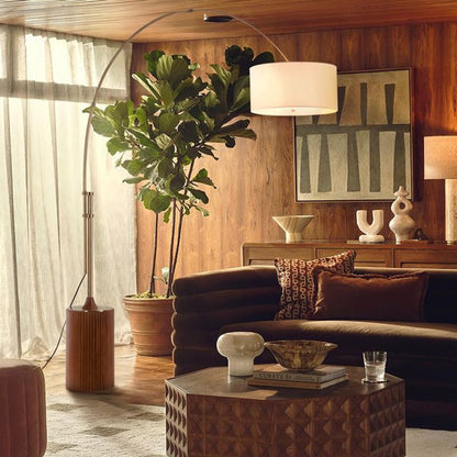Nova California Tambo 92in 1-Light Arc Floor Lamp | Mid-Century Dark Walnut and Weathered Brass with White Linen Shade | Living | Model 2110832DW