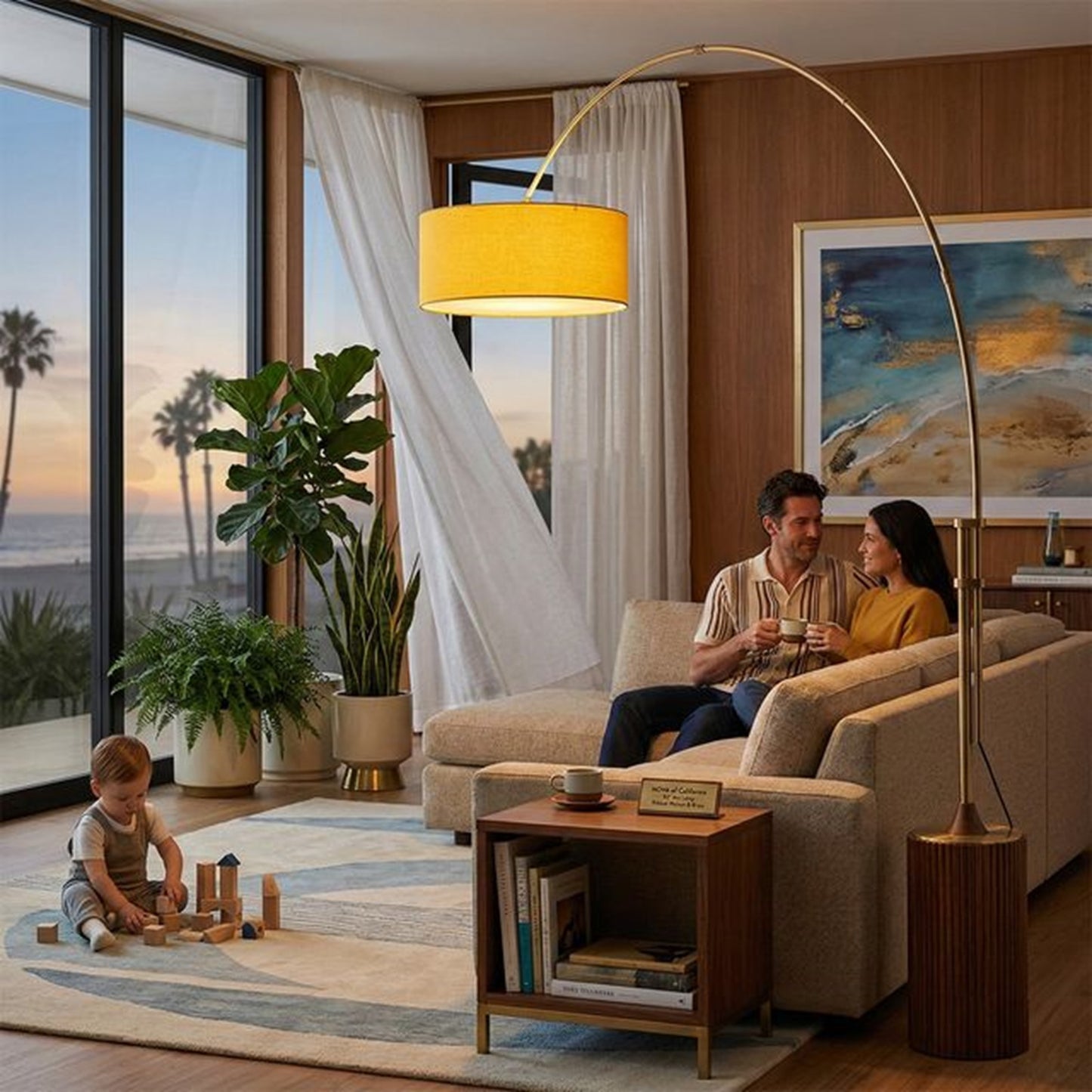 Nova California Tambo 92in 1-Light Arc Lamp | Mid-Century Weathered Brass and Mustard Linen | Living Room & Bedroom | Model 2110832MU