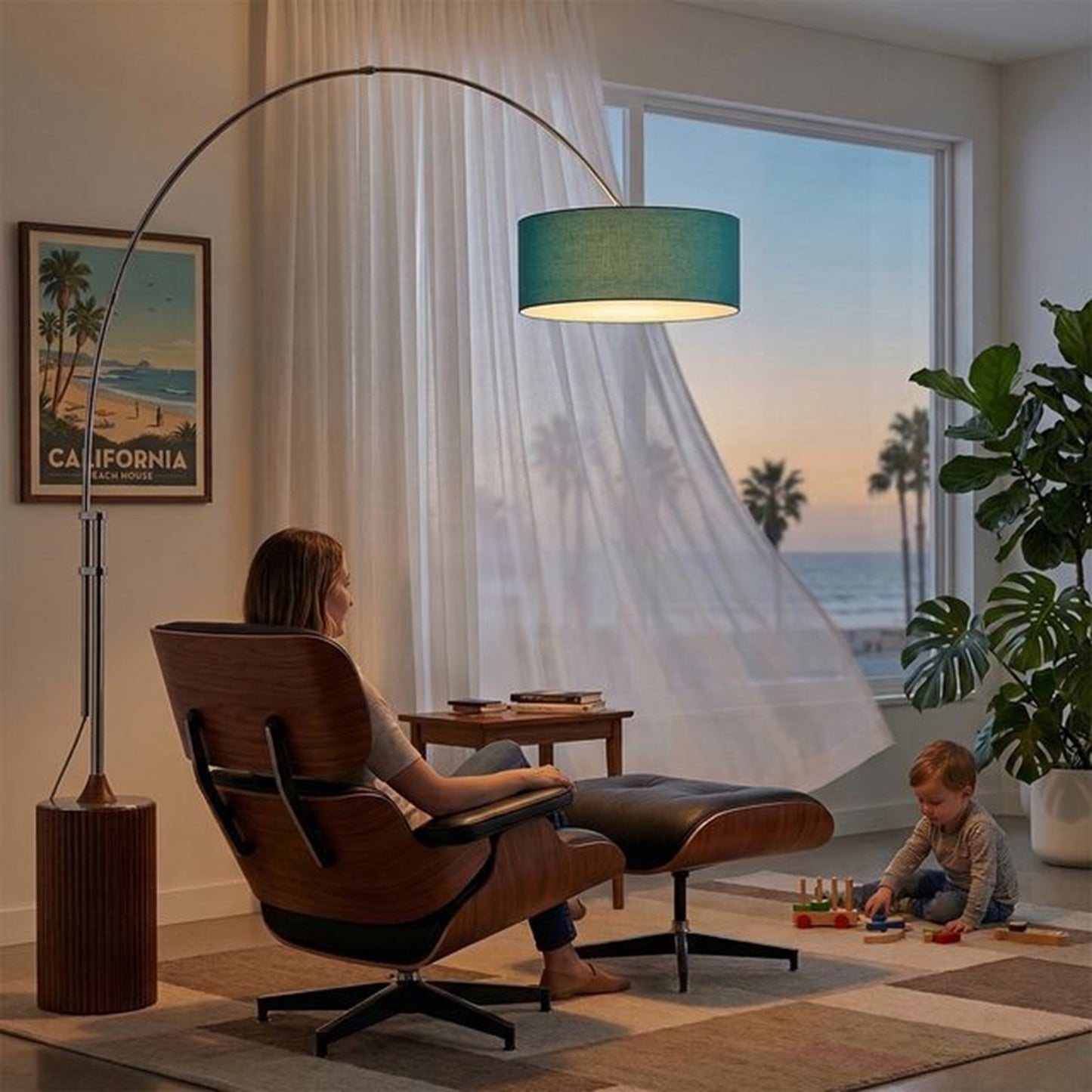 Nova California Tambo Stretch 92in 1-Light Arc Lamp | Mid-Century Modern Satin Nickel and Pool Blue Linen Shade | Living Room & | Model 2110833BL