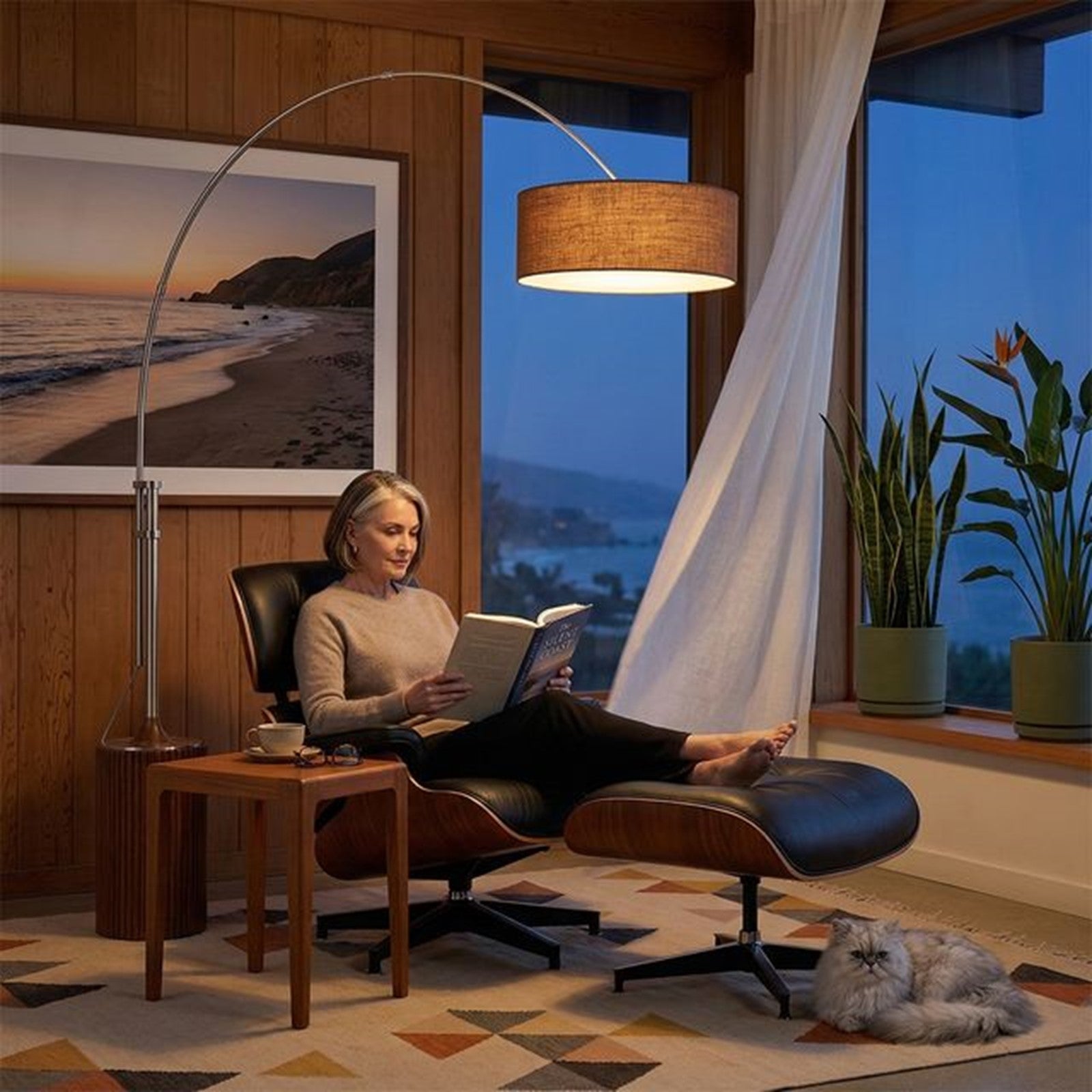 Nova California Tambo 92in 1-Light Arc Lamp | Mid-Century Modern Satin Nickel and Burlap Linen Shade | Living Room & Bedroom | Model 2110833BU