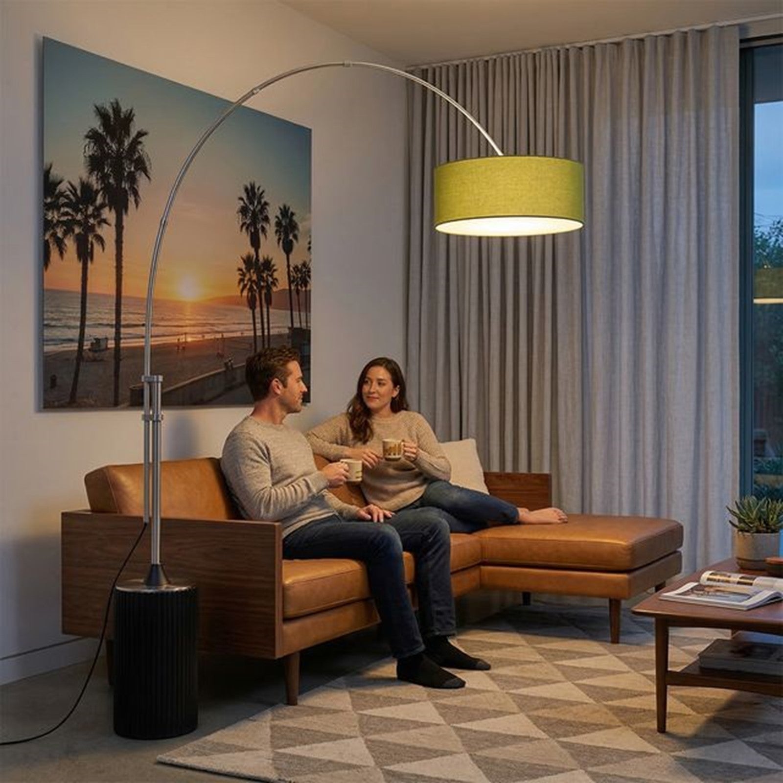 Nova California Tambo 92in 1-Light Arc Floor Lamp | Mid-Century Modern Satin Nickel and Black Oak Base with Avocado Linen Shade | Model 2110834AV