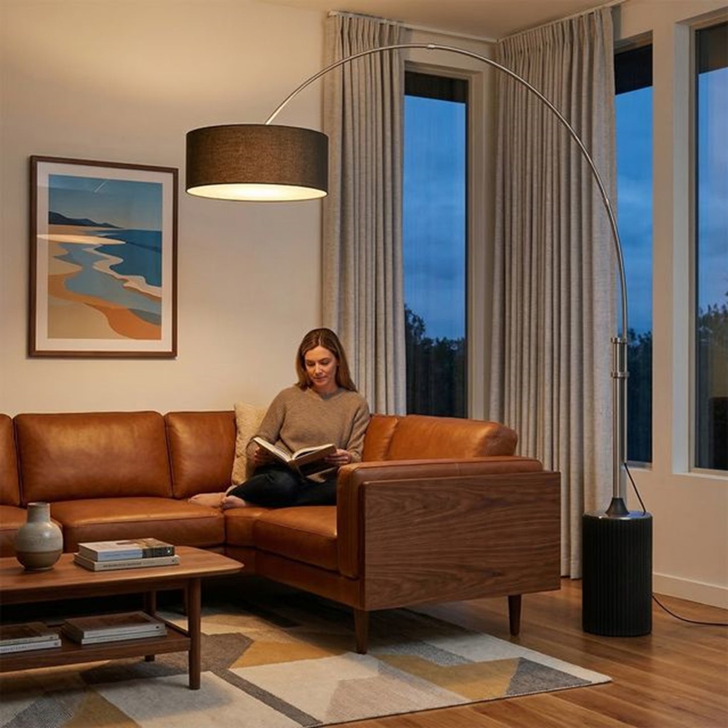 Nova California Tambo 92in 1-Light Arc Lamp | Mid-Century Modern Satin Nickel and Black Linen | Living Room & Bedroom | Model 2110834BK