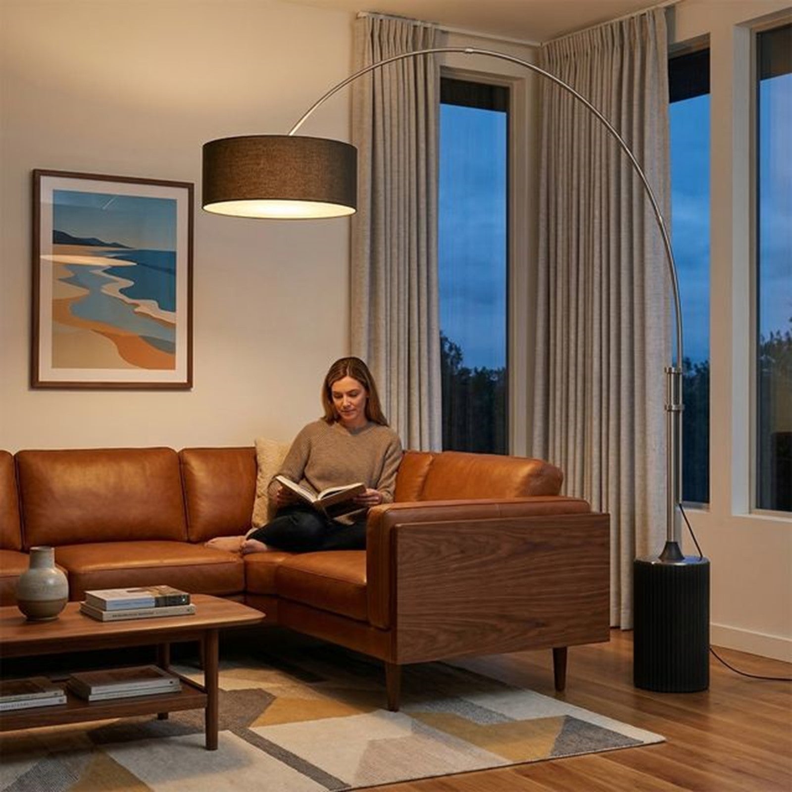 Nova California Tambo 92in 1-Light Arc Lamp | Mid-Century Modern Satin Nickel and Black Linen | Living Room & Bedroom | Model 2110834BK