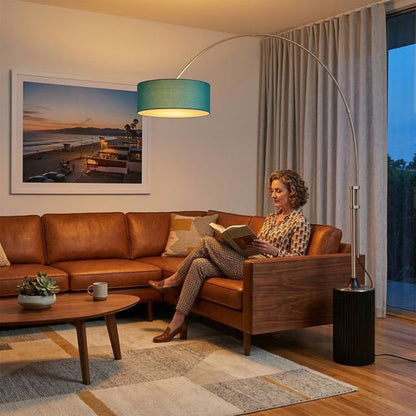 Nova California Tambo Stretch 92in 1-Light Arc Lamp | Mid-Century Modern Satin Nickel and Pool Blue Linen Shade | Living Room & | Model 2110834BL