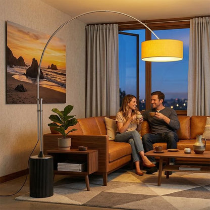 Nova California Tambo 92in 1-Light Arc Lamp | Mid-Century Satin Nickel and Mustard Linen | Living Room & Bedroom | 68 x 18 x 92 in | Model 2110834MU