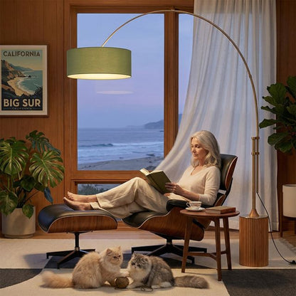 Nova California Tambo 92in 1-Light Arc Lamp | Mid-Century Modern Weathered Brass and Avocado Linen | Living Room & Bedroom | Model 2110839AV