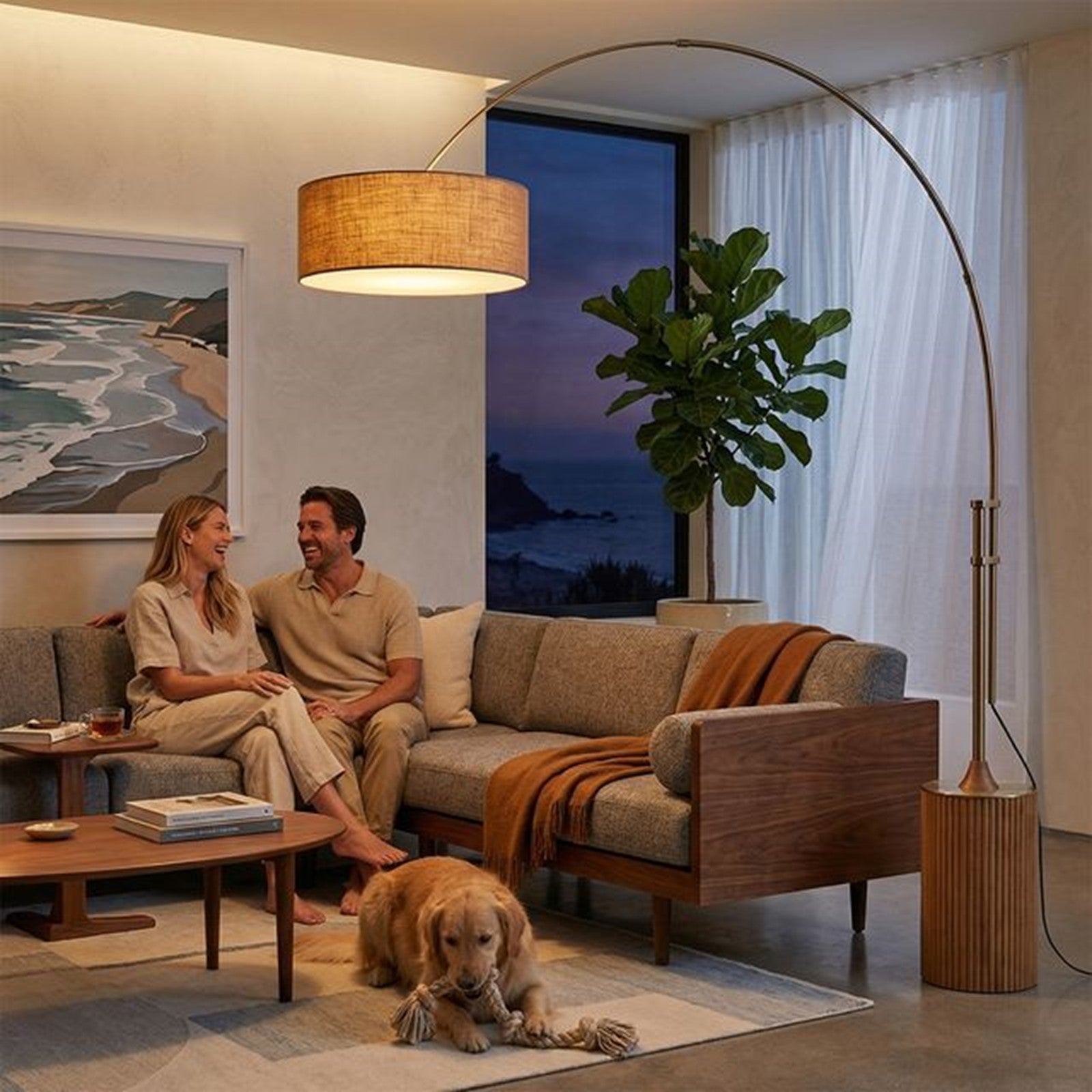 Nova California Tambo 92in 1-Light Arc Lamp | Mid-Century Weathered Brass and Burlap Linen | Living Room & Bedroom | 68 x 18 x 92 in | Model 2110839BU
