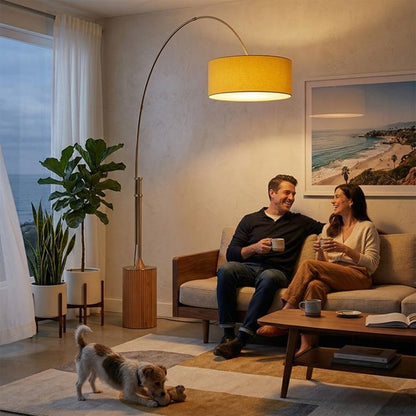 Nova California Tambo 92in 1-Light Arc Lamp | Mid-Century Weathered Brass and Mustard Linen | Living Room & Bedroom | Model 2110839MU