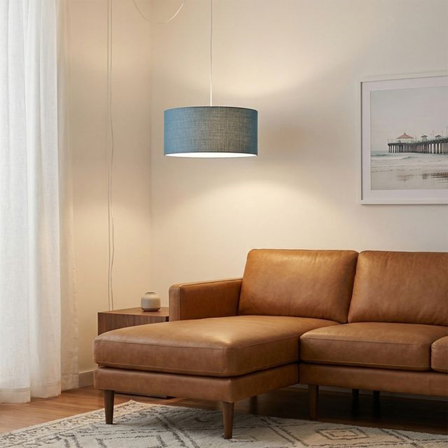 Nova California Stretch 18in 1-Light Swag Lamp | Modern Satin Nickel and Pool Blue Linen | Living Room & Bedroom | 1500 Lumens | Model 2110840BL