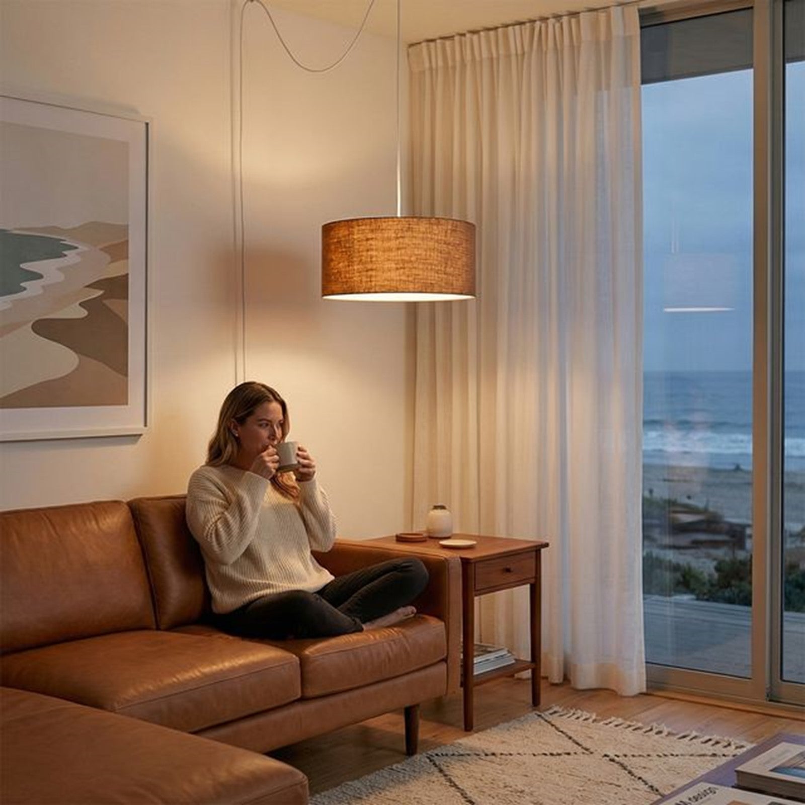 Nova California Stretch 18in Swag Lamp | Modern Satin Nickel and Burlap Linen | Living Room & Bedroom | 1500 Lumens, 2700K, Dimmable | Model 2110840BU