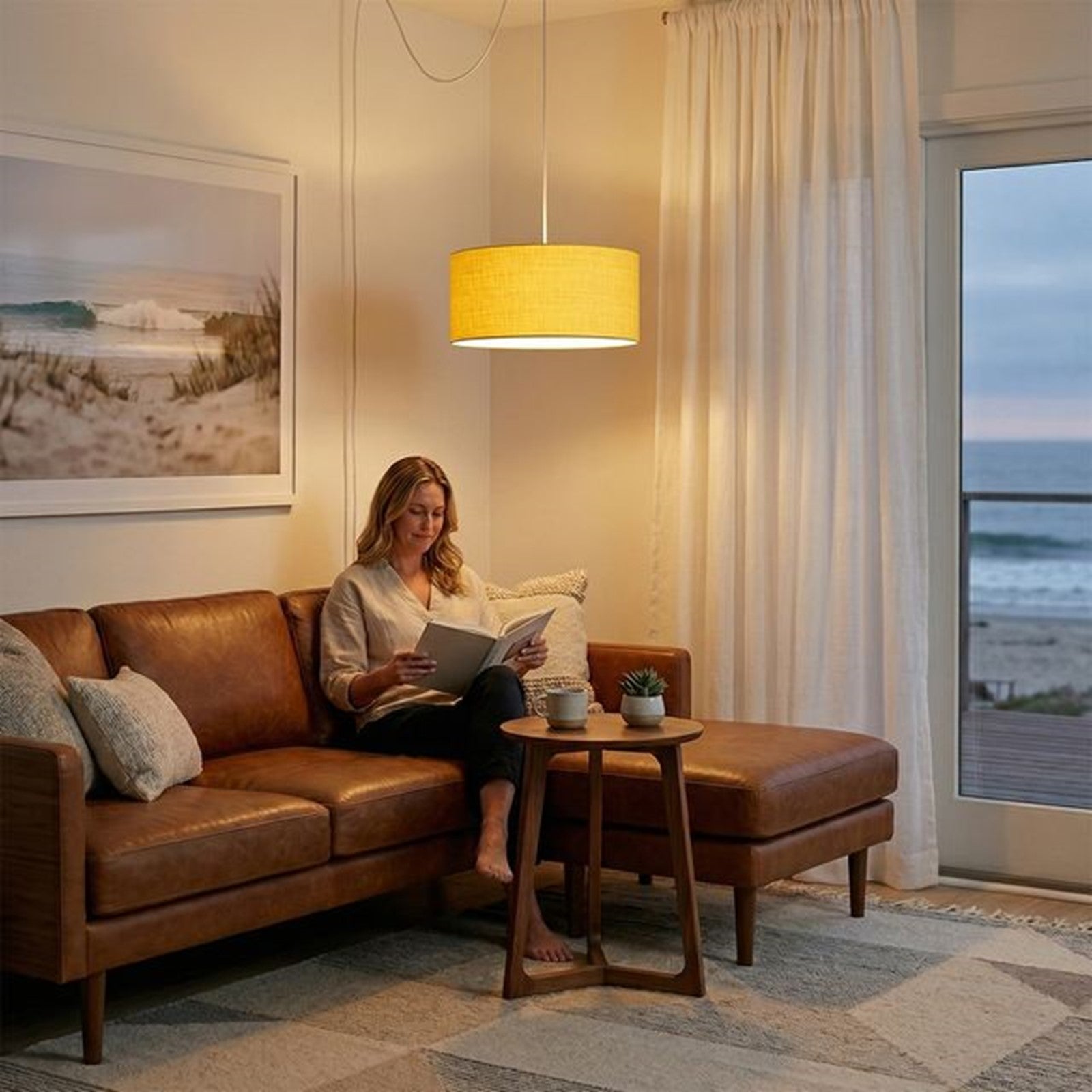 Nova California Stretch 18in 1-Light Swag Lamp | Modern Satin Nickel and Mustard Linen | Living Room & Bedroom | 1500 Lumens | Model 2110840MU