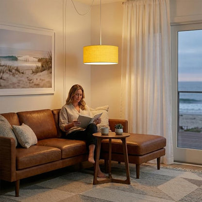Nova California Stretch 18in 1-Light Swag Lamp | Modern Satin Nickel and Mustard Linen | Living Room & Bedroom | 1500 Lumens | Model 2110840MU