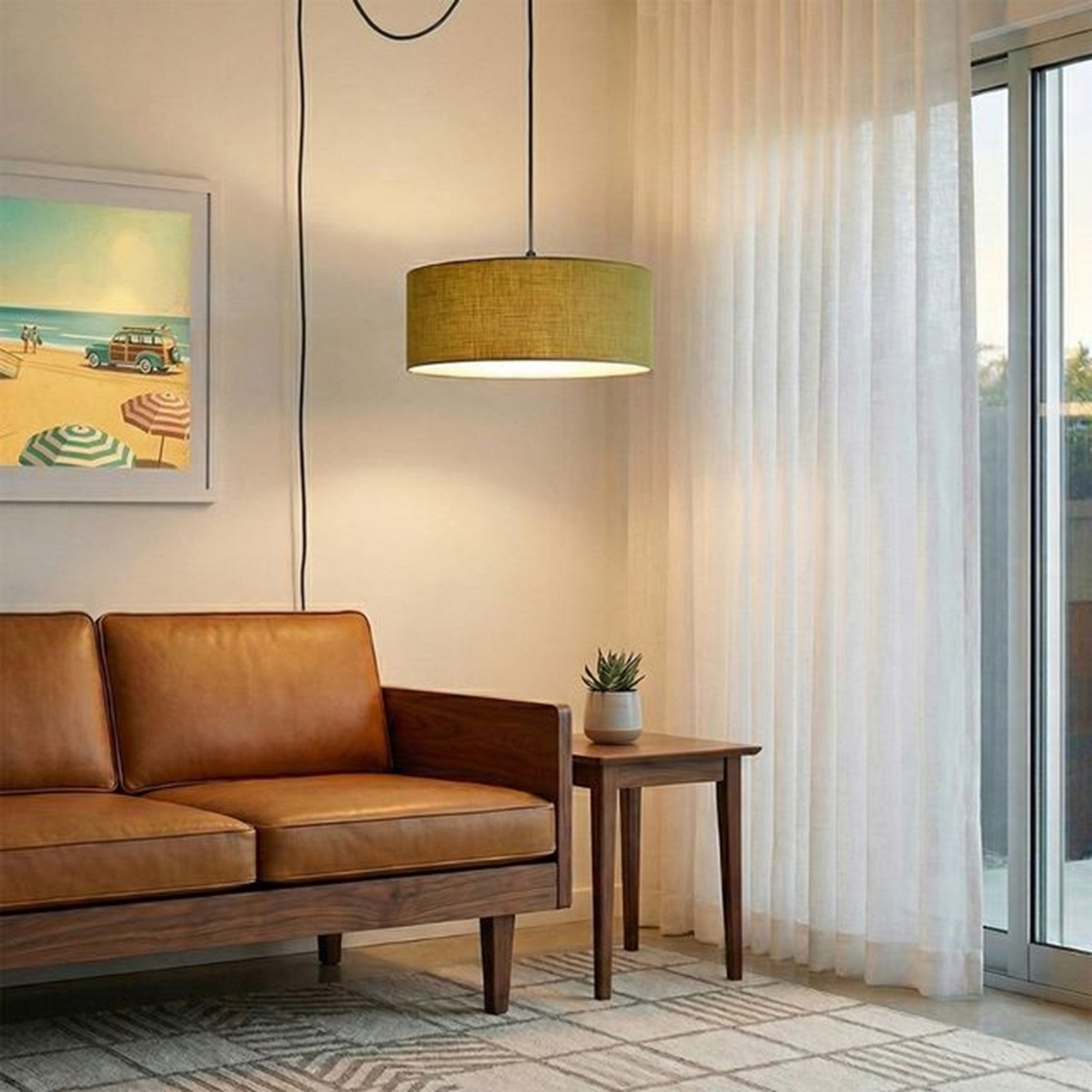 Nova California Stretch Swag Lamp 18in 1-Light Plug-In Pendant | Modern Weathered Brass and Avocado Linen | Living Room & Bedroom | Model 2110841AV