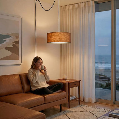 Nova California Stretch Swag Lamp 18in 1-Light Plug-In Pendant | Modern Weathered Brass and Burlap Linen | Living Room & Bedroom | Model 2110841BU