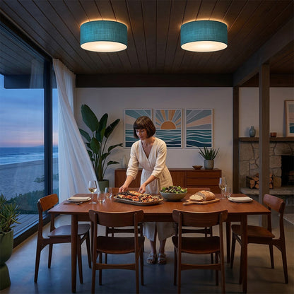 Nova California Stretch 22in 1-Light Flush Mount | Modern Satin Nickel and Pool Blue Linen | Bedroom & Hallway | 17 x 17 x 3.5 in | Model 2110842BL