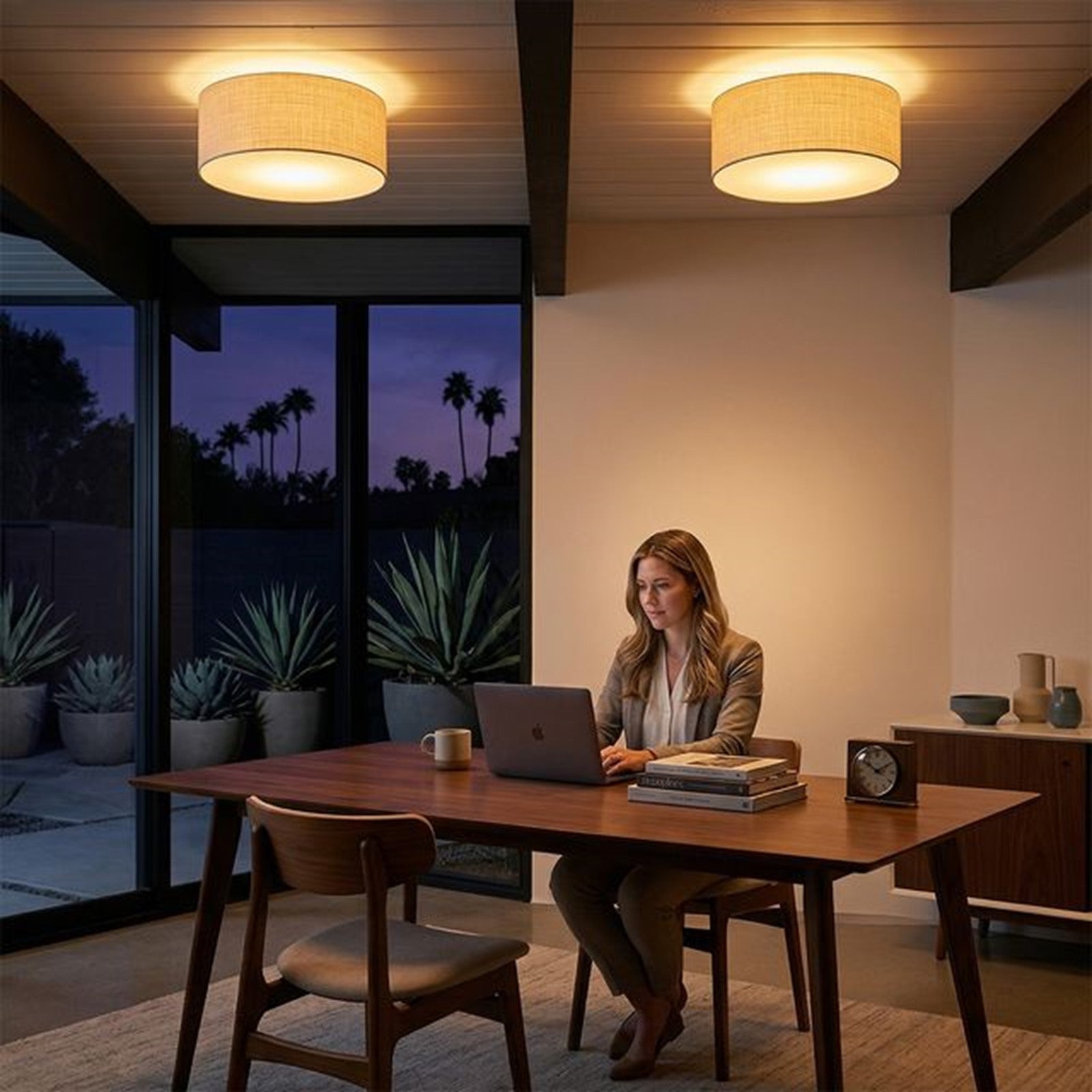 Nova California Stretch 17in 1-Light Flush Mount | Modern Weathered Brass and White Linen Drum | Hallway & Bedroom | Model 2110843WH