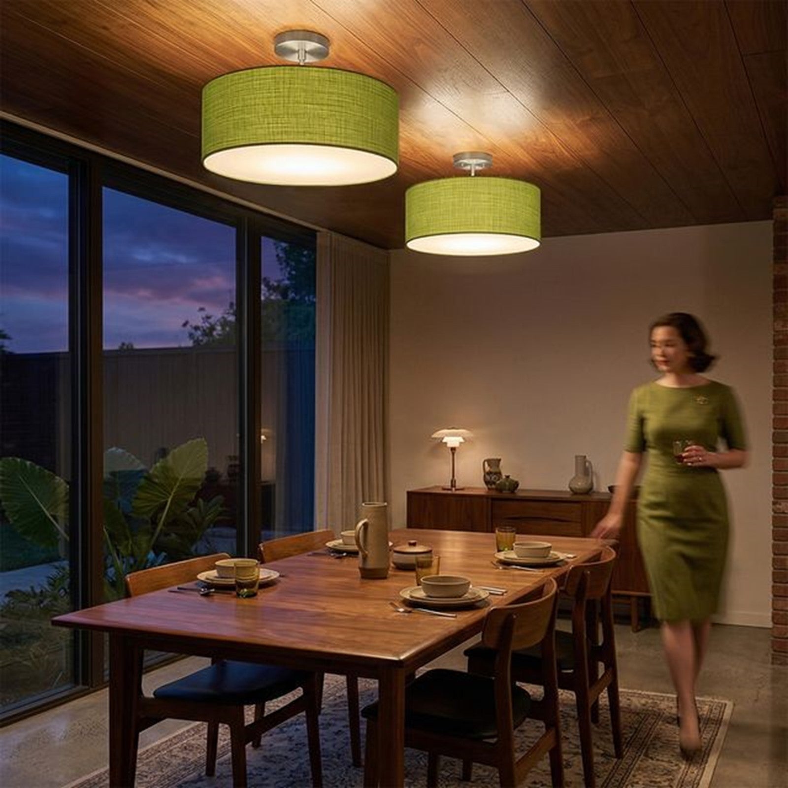Nova California Stretch 17in 1-Light Semi-Flush Mount | Modern Satin Nickel and Avocado Linen Drum | Living Room & Dining Room | Model 2110844AV