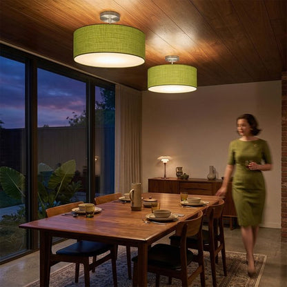 Nova California Stretch 17in 1-Light Semi-Flush Mount | Modern Satin Nickel and Avocado Linen Drum | Living Room & Dining Room | Model 2110844AV